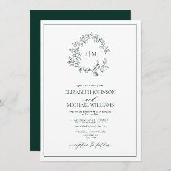 modern emerald green leafy crest monogram wedding invitation