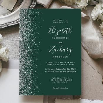modern emerald green silver faux glitter wedding invitation