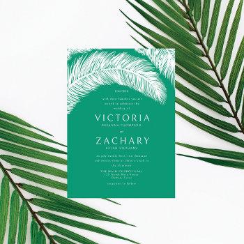modern emerald white summer palm leaves wedding invitation
