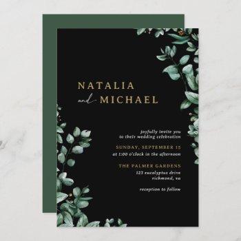modern eucalyptus botanical | black moody wedding invitation