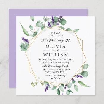 modern eucalyptus lavender geometric frame wedding invitation