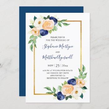 modern floral blue coral wedding invitation