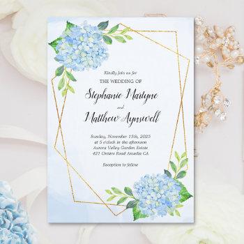 modern geometric blue hydrangea wedding invitation