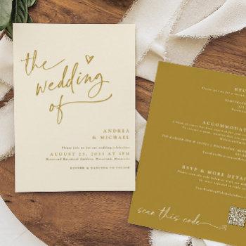 modern gold and cream handwriting heart wedding invitation