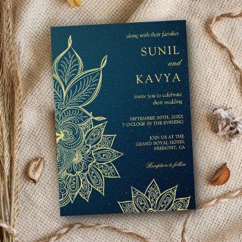 modern gold blue galaxy henna indian wedding invitation