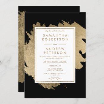 modern gold brushstrokes black white chic wedding invitation