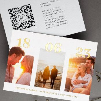 Small Modern Gold Date Three Photo Qr Code Save The Date Foil Front View