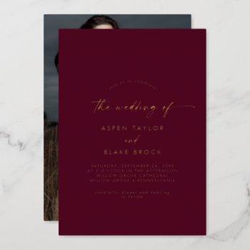 modern gold foil script | burgundy photo wedding foil invitation