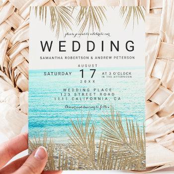 modern gold palm tree elegant beach photo wedding invitation