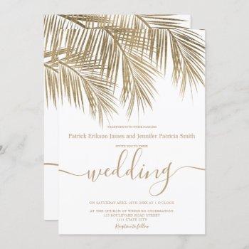 modern gold palm tree elegant script wedding invitation