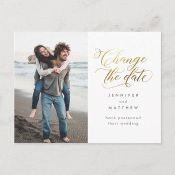 Small Modern Gold Script Change The Date Photo Wedding Post Front View