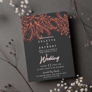 modern gray coral summer floral theme wedding  invitation