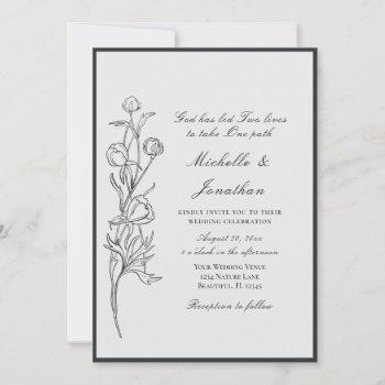 modern hand drawn black flowers christian wedding invitation