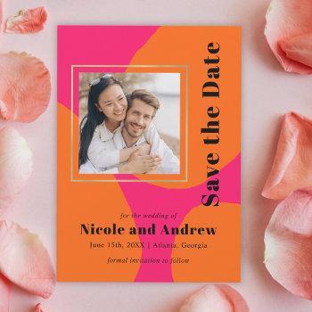 Small Modern Hot Pink And Orange Wedding Save The Date Front View