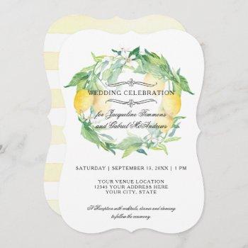modern lemon floral citrus foliage wreath wedding invitation
