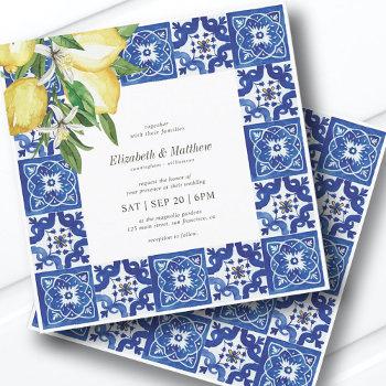 modern lemon foliage blue mediterranean wedding invitation