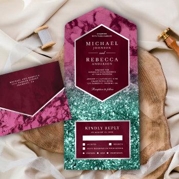 modern magenta marble teal glitter wedding all in one invitation