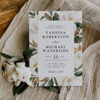 modern magnolia floral wedding invitation