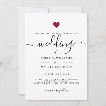 modern minimal calligraphy red heart wedding invitation