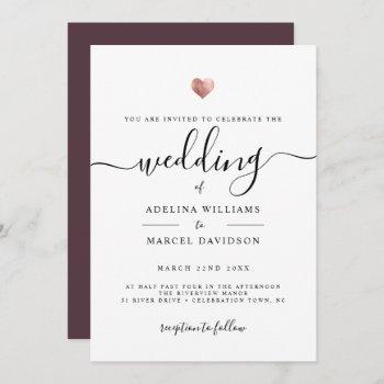 modern minimal calligraphy rose gold heart wedding invitation
