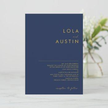 modern minimal navy blue gold traditional wedding  invitation