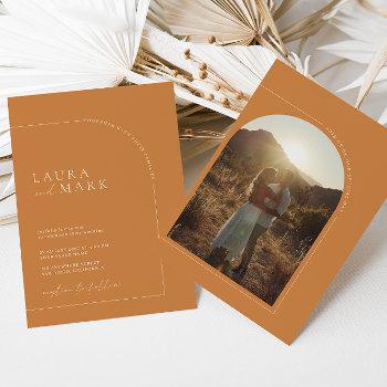 modern minimalist brunt orange arch photo wedding invitation