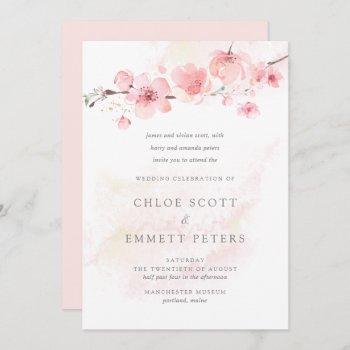 modern minimalist pink cherry blossom wedding invitation