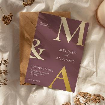 modern minimalist purple monogram wedding foil invitation