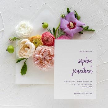 modern minimalist script white and purple wedding invitation