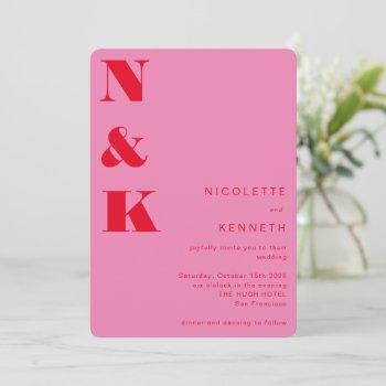 modern monogram bold bright red pink wedding invitation