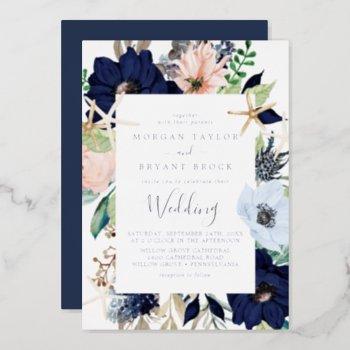 modern nautical floral | silver foil navy wedding foil invitation