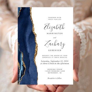 modern navy blue gold agate wedding invitation