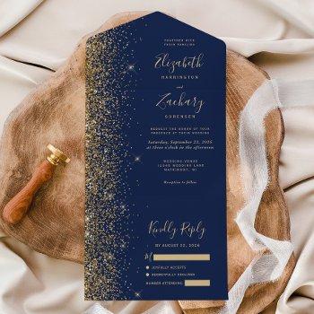 modern navy blue gold glitter wedding all in one invitation