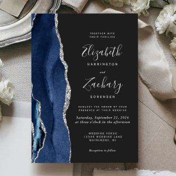modern navy blue silver agate dark wedding invitation