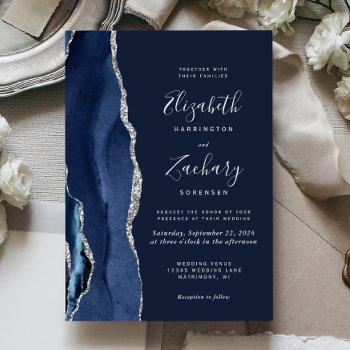 modern navy blue silver agate wedding invitation