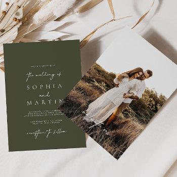 modern olive green photo wedding invitation