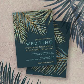 modern palm gold teal tropical beach wedding invitation
