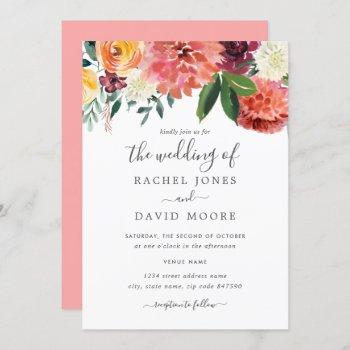 modern peach burgundy watercolor floral wedding invitation