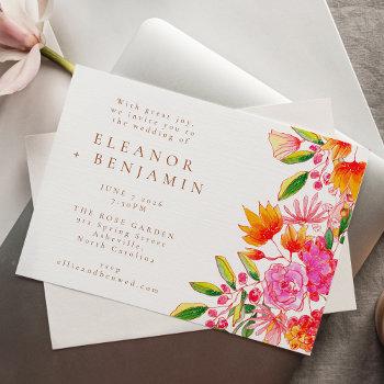 modern pink and orange watercolor floral wedding invitation