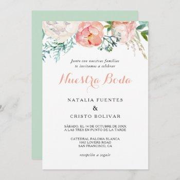 modern pink blush tropical floral spanish wedding invitation