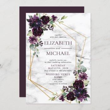 modern plum purple geometric marble floral wedding invitation