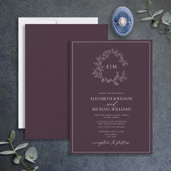modern plum purple leafy crest monogram wedding invitation