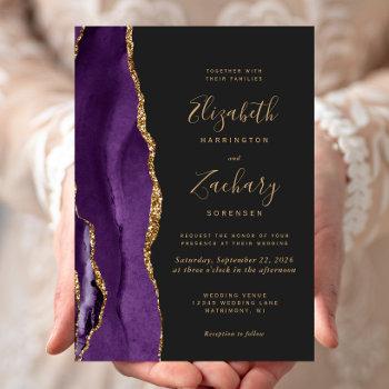 modern purple gold agate dark wedding invitation