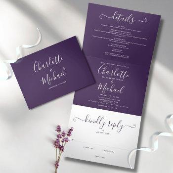 modern purple script minimalist photo wedding tri-fold invitation