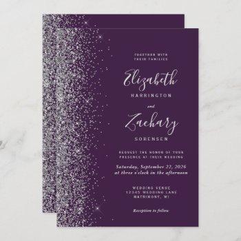 modern purple silver faux glitter edge wedding invitation