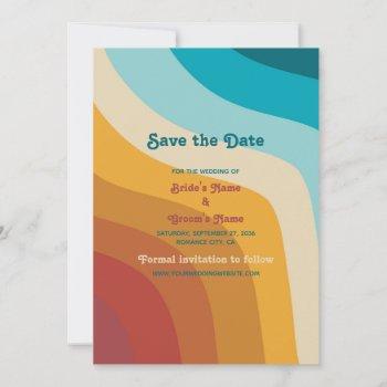 Small Modern Retro 70's Colorful Rainbow Waves Wedding Save The Date Front View
