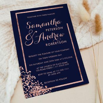 Small Modern Rose Gold Frame Navy Confetti Wedding Front View