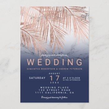 Small Modern Rose Gold Palm Tree Navy Marble Wedding Front View