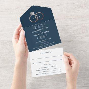 modern rose gold rings navy blue wedding  all in one invitation