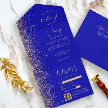 Small Modern Royal Blue Gold Glitter Qr Code Wedding All In One Front View